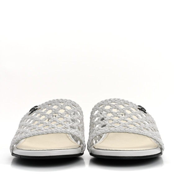 CHANEL Shiny Braided Goatskin Mule Sandals 38 White 1652817
