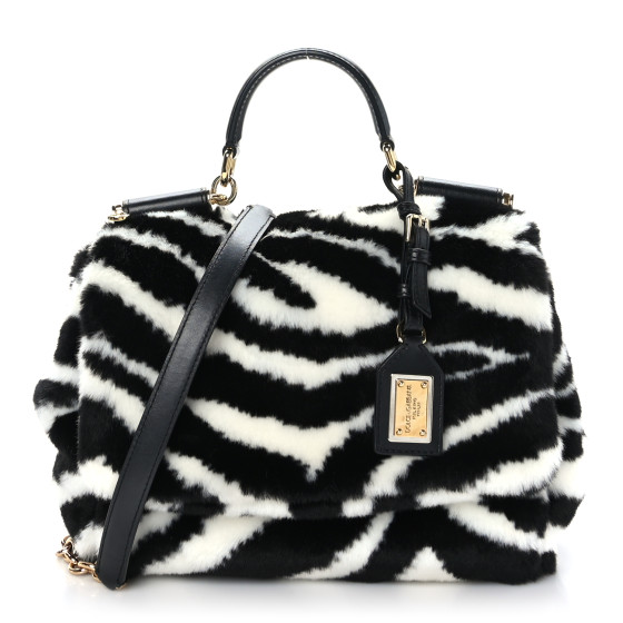 DOLCE GABBANA Faux Fur Zebra Print Miss Sicily Satchel Black
