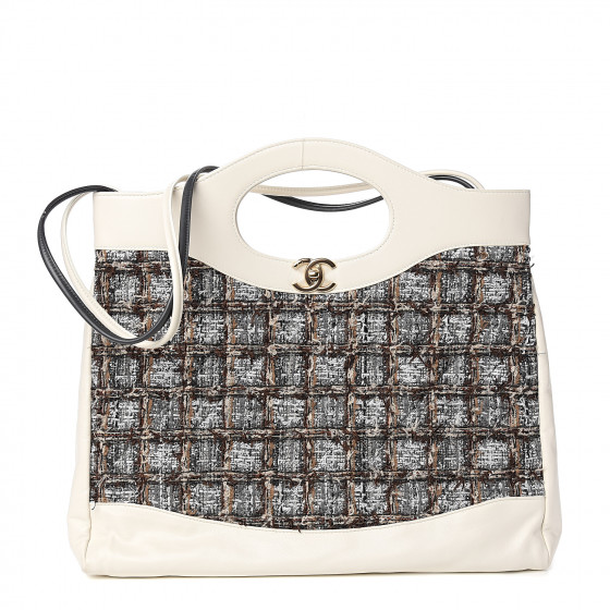 CHANEL Tweed Calfskin Quilted Large 31 Shopping Bag White