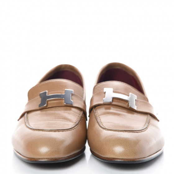 HERMES Goatskin Womens Paris Loafers 38 Taupe 385316
