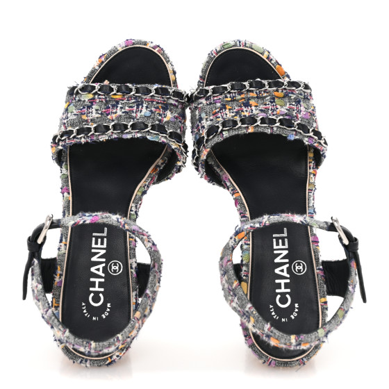 CHANEL Tweed Cork Wedge Sandals 37 Navy Multicolor