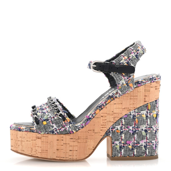 CHANEL Tweed Cork Wedge Sandals 37 Navy Multicolor