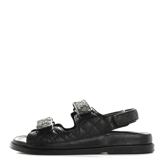 CHANEL Grained Calfskin Velcro Dad Sandals 36.5 Black