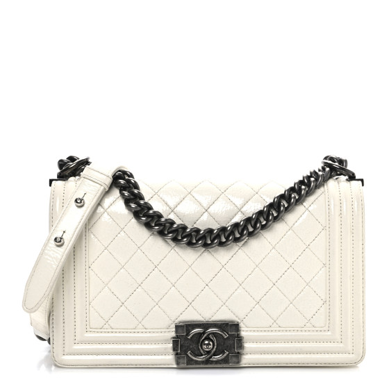 CHANEL Distressed Patent Quilted Medium Boy Flap White