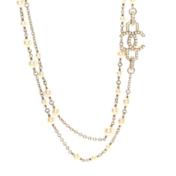 CHANEL Crystal Pearl CC Long Necklace Light Gold