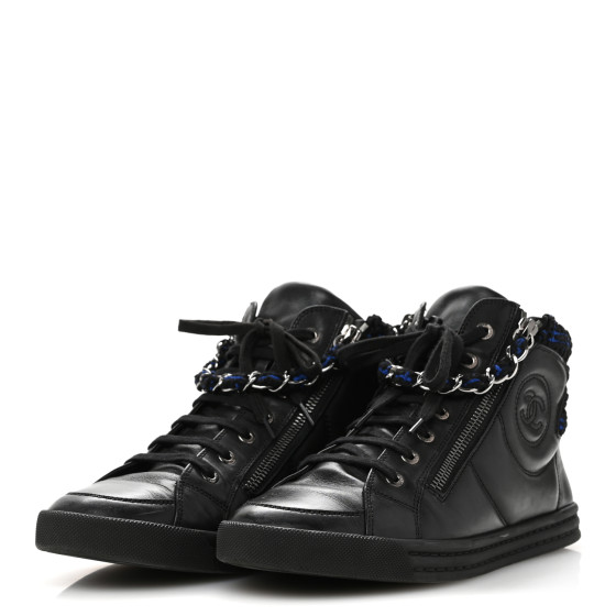 CHANEL Lambskin Tweed Zipped Sneakers 39 Black Blue 1695270