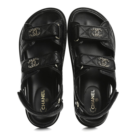 CHANEL Grained Calfskin Velcro Dad Sandals 36.5 Black