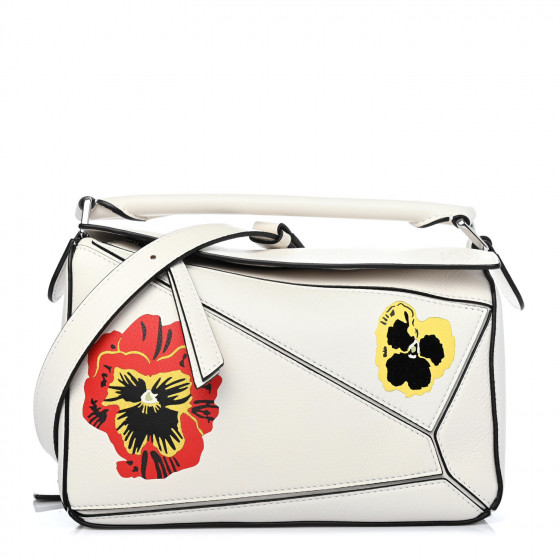 LOEWE Calfskin Small Pansies Print Puzzle Bag Soft White