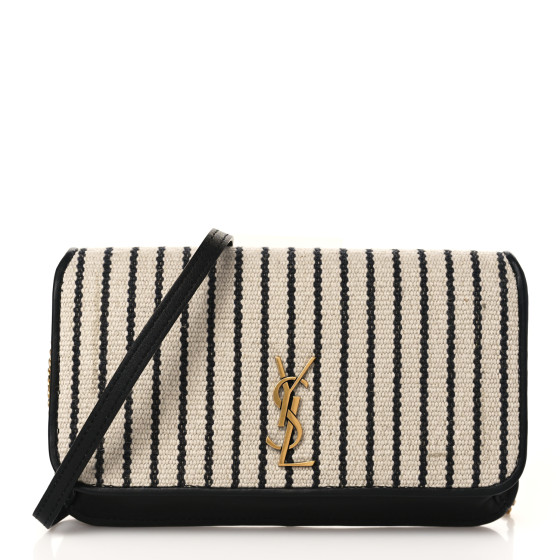 SAINT LAURENT Canvas Striped Phone Holder Crossbody Beige Black