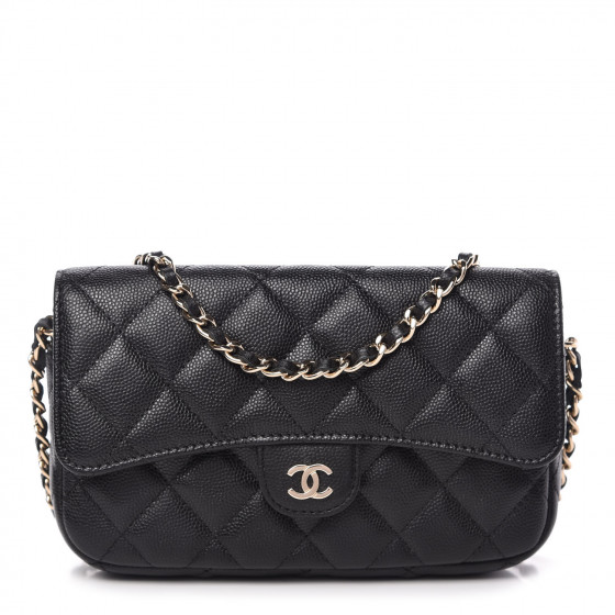 【CHANEL】chanel chevron phone holder with chain★ブラック CHANEL Caviar Quilted Flap Phone Holder With Chain Black