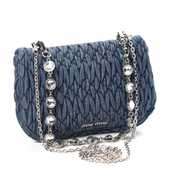 バッグ MIU MIU denim Wappen pouch MIU MIU Denim Matelasse Crystal Chain Crossbody Bag Blue