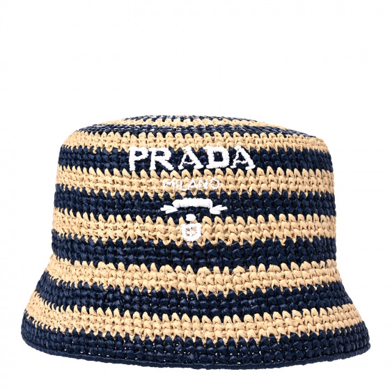 PRADA Raffia Striped Logo Embroidered Womens Bucket Hat M