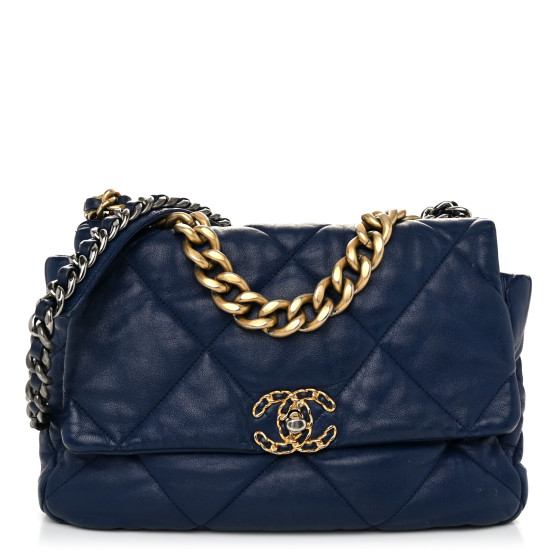 CHANEL Goatskin Quilted Large Chanel 19 Flap Dark Blue