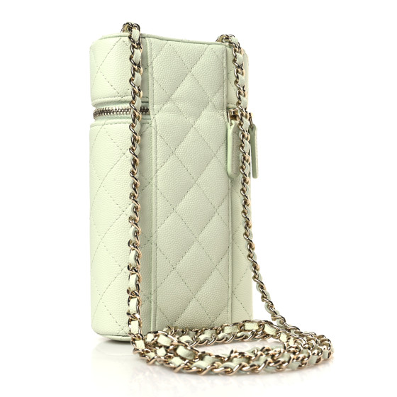 CHANEL Caviar Quilted Phone Holder With Chain Light Green