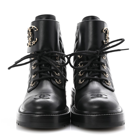 CHANEL Shiny Calfskin Quilted Lace Up Combat Boots 37 Ivory