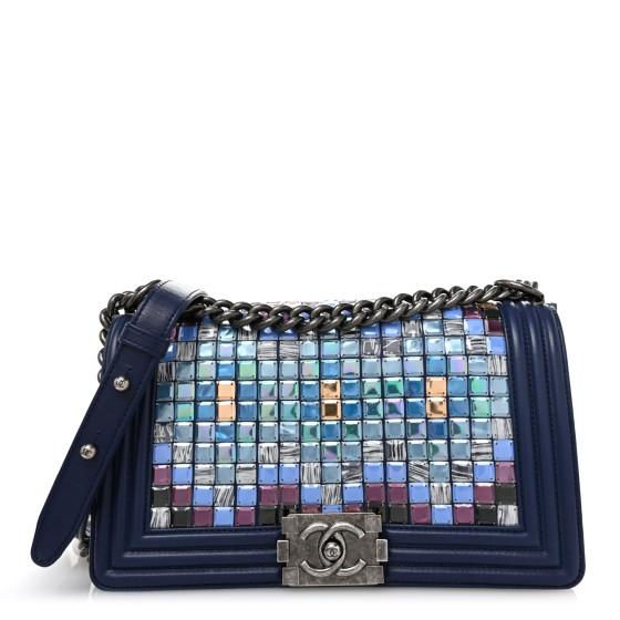 CHANEL Lambskin Tile Medium Mosaic Boy Flap Navy Multicolor