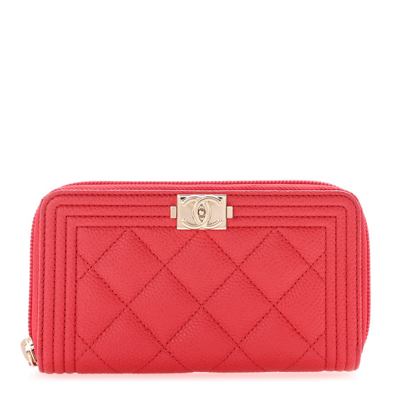 CHANEL Caviar Quilted Small Boy Zip Around Wallet Red