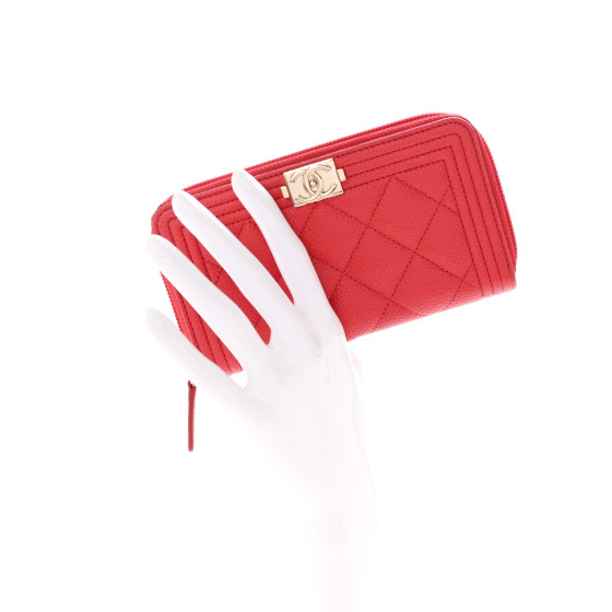 CHANEL Caviar Quilted Small Boy Zip Around Wallet Red