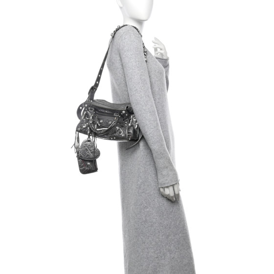 BALENCIAGA Agneau Arena Crystal Neo Cagole Handbag XS Silver