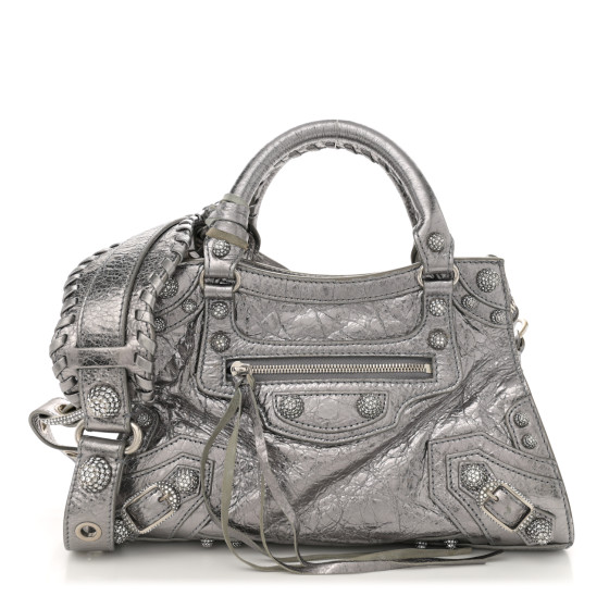 ハンドバッグ Balenciaga Neo Cagole Xs Handbag In Arena Leather BALENCIAGA Agneau Arena Crystal Neo Cagole Handbag XS Silver