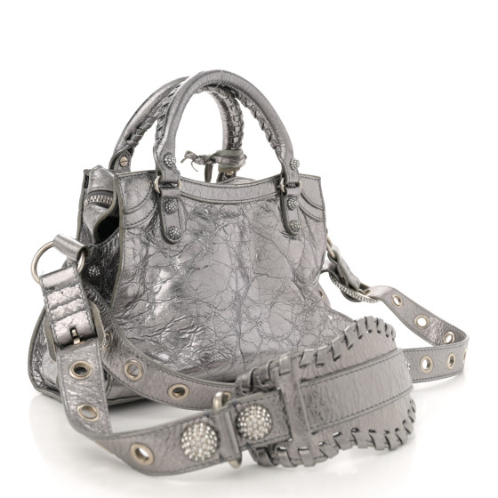 ハンドバッグ Balenciaga Neo Cagole Xs Handbag In Arena Leather BALENCIAGA Agneau Arena Crystal Neo Cagole Handbag XS Silver