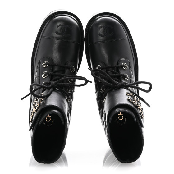 CHANEL Shiny Goatskin Calfskin Quilted Lace Up Combat Boots