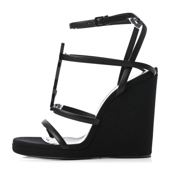 【関税&送料込】Saint Laurent Black Leather Cassandre Wedges Cassandra 90 leather wedge sandals in black - Saint Laurent