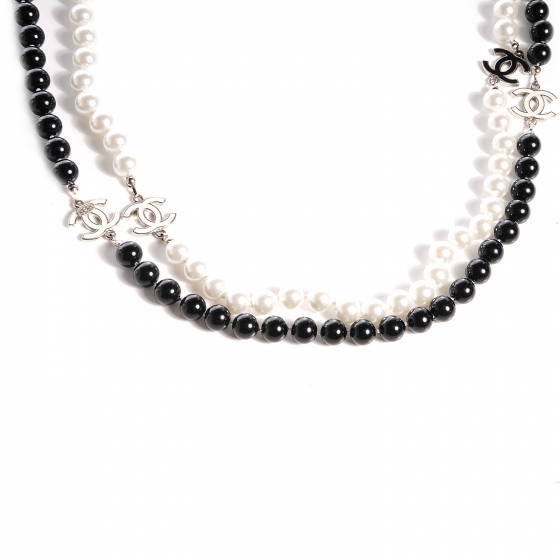 CHANEL Pearl CC Beaded Long Necklace Black White 76698
