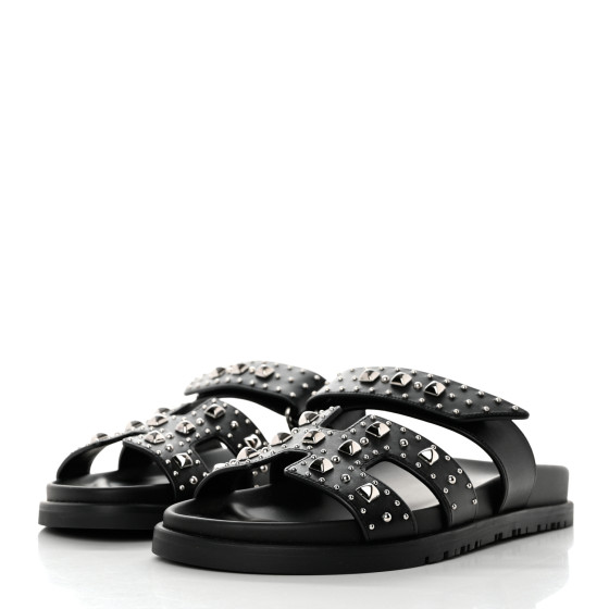 HERMES Calfskin Studded Womens Chypre Sandals 36 Black