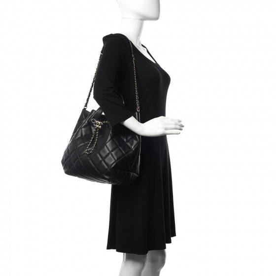 CHANEL Lambskin Quilted CC Dweller Drawstring Tote Black
