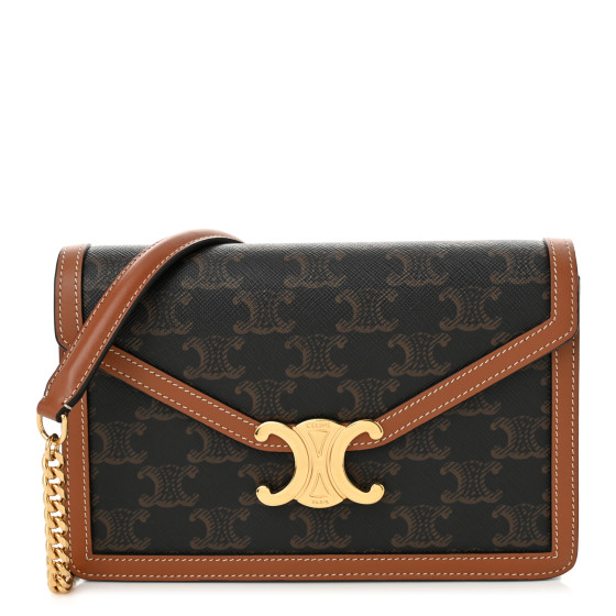 CELINE Triomphe Canvas Calfskin Margo Wallet on Chain Tan