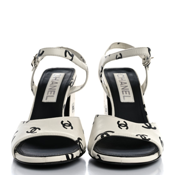 CHANEL Printed Lambskin CC Platform Sandals 37 White Black