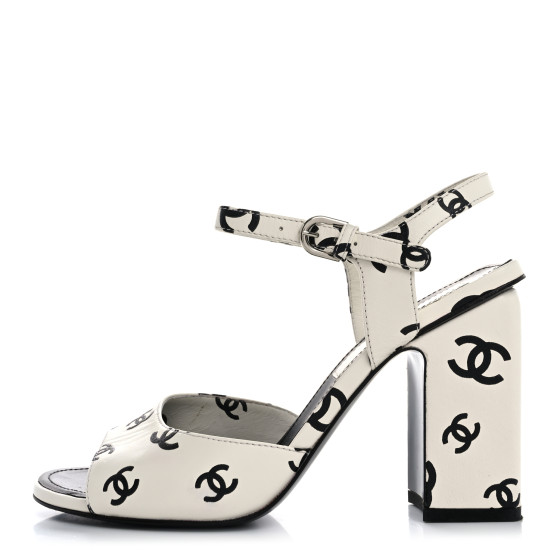 [CHANEL]★CC Logo Black Strap Sandals★White Silver Chanel Interlocking CC logo black and white leather sandals