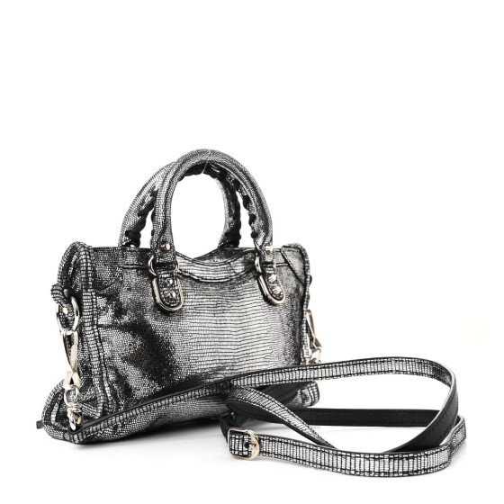 BALENCIAGA Metallic Calfskin Lizard Embossed Silver Metallic