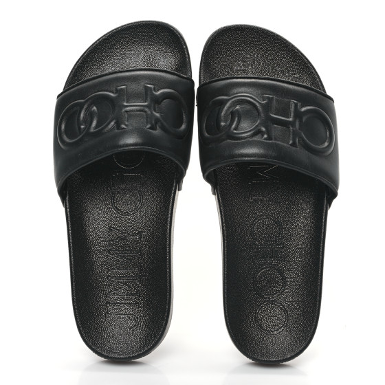 JIMMY CHOO Nappa Embossed Logo Azari Slide Sandals 40 Black