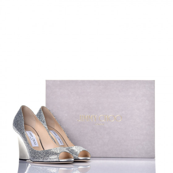 mimiページ JIMMY CHOO Glitter Fabric Baxen Peep Toe Wedges 36.5 Silver