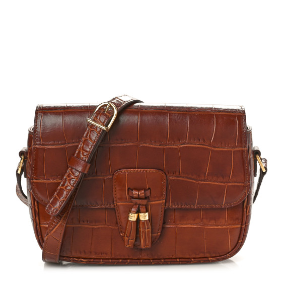 CELINE Calfskin Crocodile Embossed Medium Tassel Bag Tan