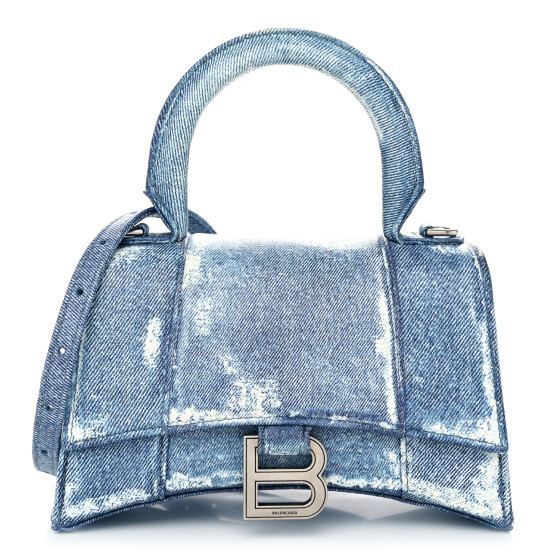BALENCIAGA Nappa Denim Printed Hourglass Top Handle Bag XS