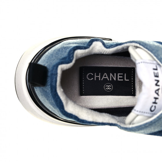 CHANEL Denim Suede Calfskin Womens CC Sneakers 38 Dark Blue