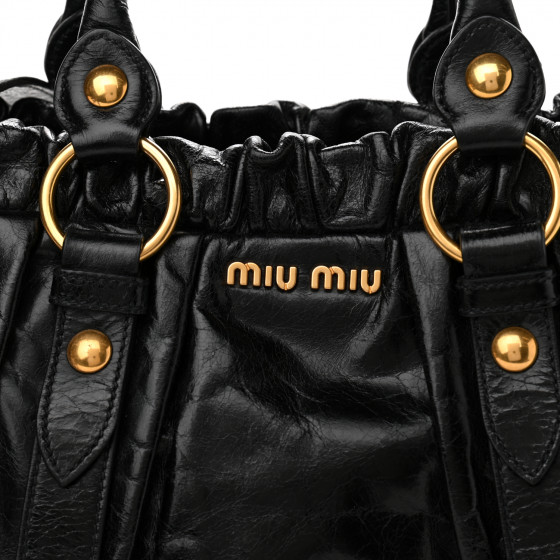 MIU MIU Vitello Lux Gathered Tote Black 1037311 | FASHIONPHILE