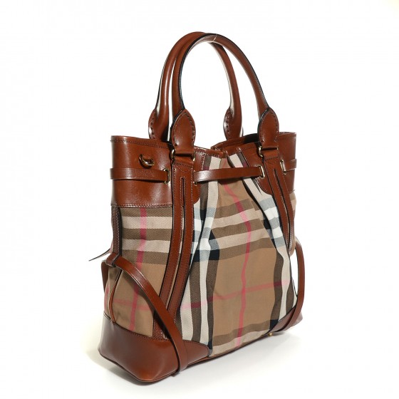 BURBERRY Bridle Calfskin House Check Large Whipstitch Tote Dark Tan 107002