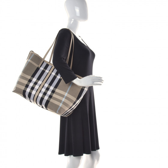 BURBERRY Canvas Calfskin Medium Check Beach Tote Dusty Sand