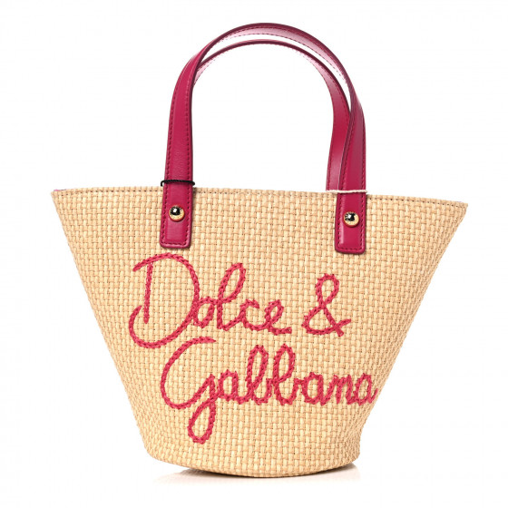 DOLCE & GABBANA Woven Raffia Mini Kendra Logo Tote Pink