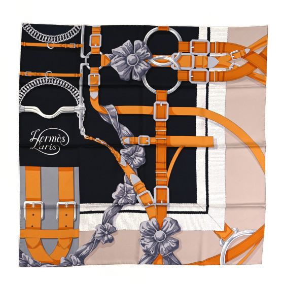 HERMES Silk Grand Manege Detail Scarf 90 Black Etoupe