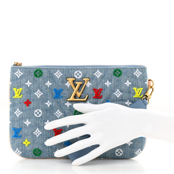 LOUIS VUITTON Embroidered Monogram Denim New Wave Zipped Pochette Blue