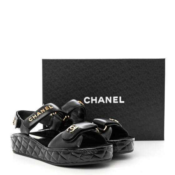 CHANEL Shiny Calfskin Logo Platform Sandals 39 Black 1177212