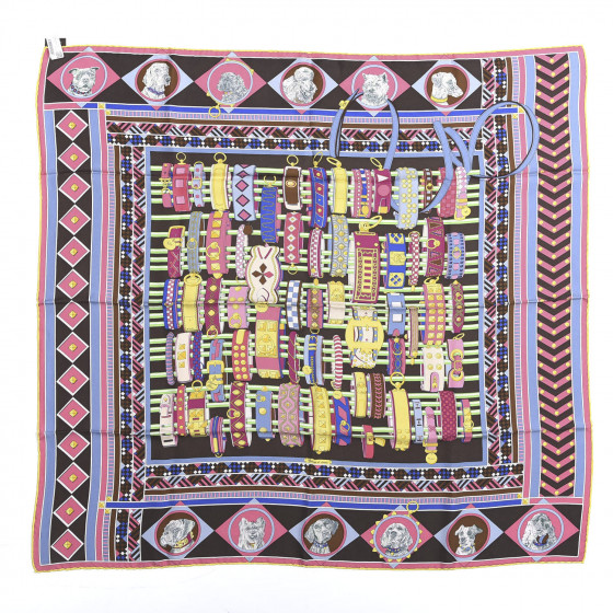 HERMES Silk Carre Wash Colliers de Chiens Scarf 90 Marron