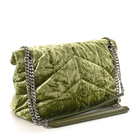 SAINT LAURENT Velvet Quilted Small Loulou Puffer Monogram Chain Satchel Light Avocado