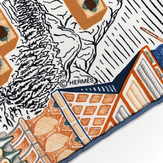 HERMES Silk Twill Super Silk Quest Detail Scarf 45 Bleu Jean