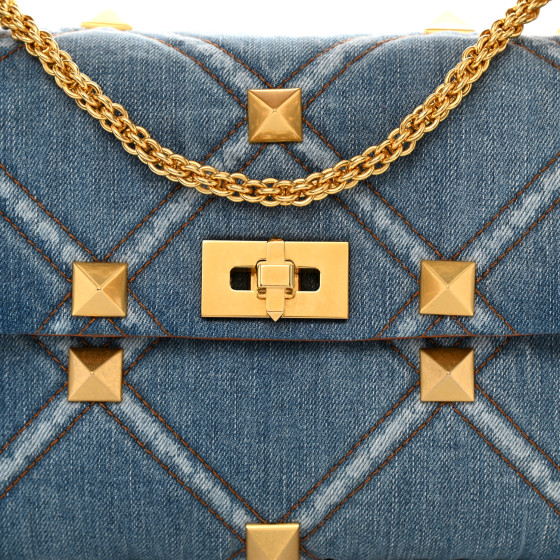 VALENTINO GARAVANI Denim Large Roman Stud Shoulder Bag Light
